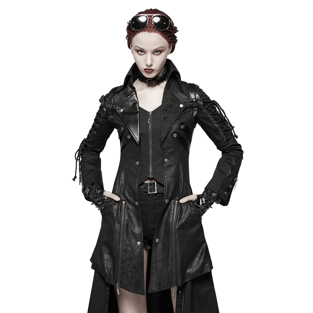Edgy punk-inspired black rubberized coat with laces, long sleeves, and adjustable straps for a daring look.