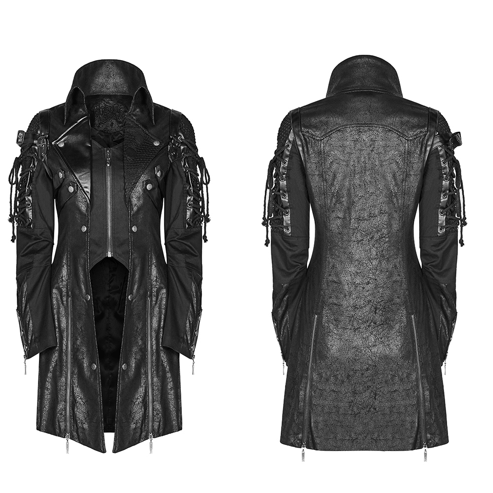 Punk-inspired black rubberized coat with lace details and adjustable straps, showcasing edgy style and durability.