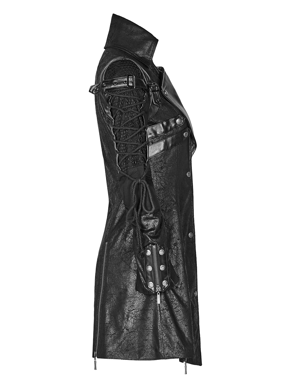 Punk-inspired black rubberized coat side view with lace detail and adjustable straps for a bold, edgy look.