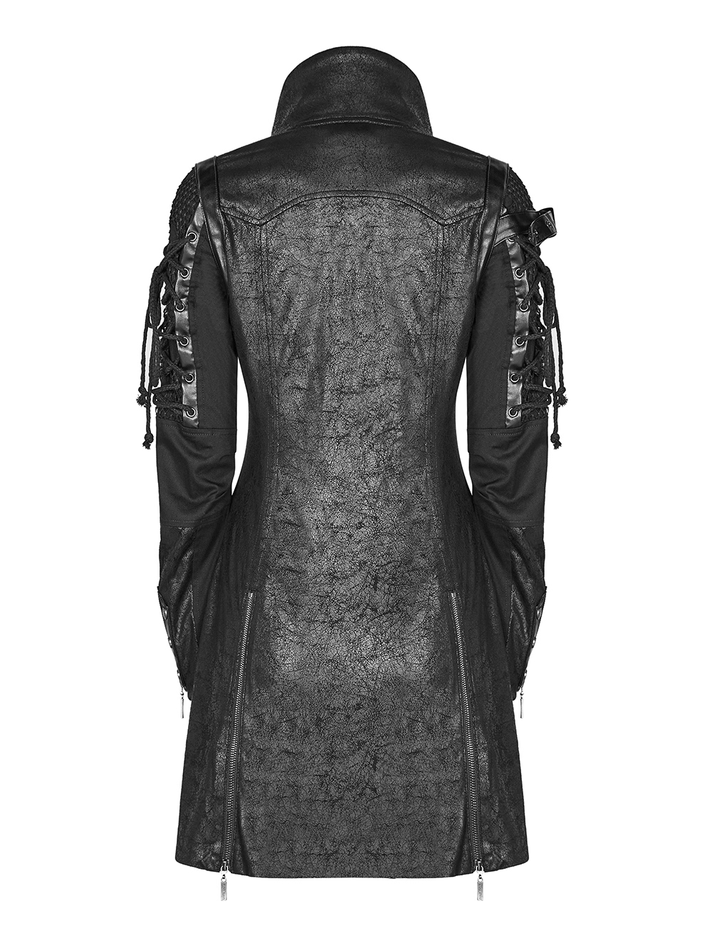 Stylish punk-inspired black rubberized coat featuring lace detail and adjustable straps, perfect for daring fashionistas.