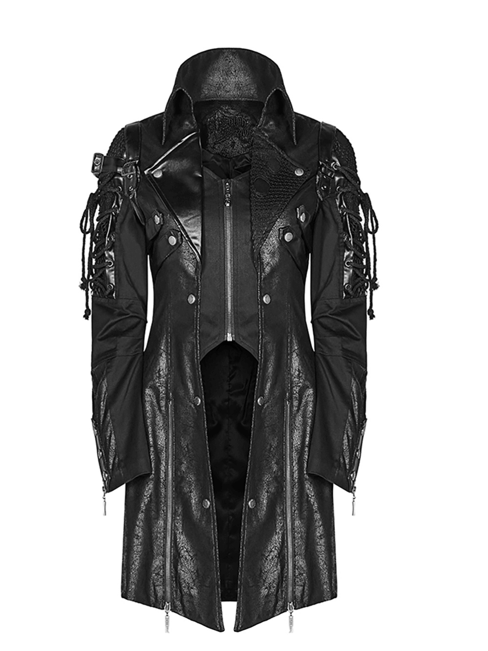 Punk-inspired black rubberized coat with lace details and adjustable straps, perfect for bold fashion statements.