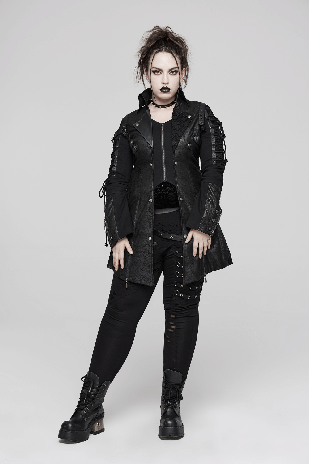 Punk-Inspired Rubberized Coat with Laces Detail - HARD'N'HEAVY