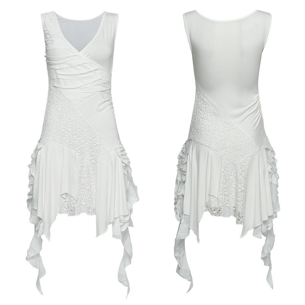 Punk-inspired white sleeveless dress featuring V-neck, mesh, and an irregular hem for edgy style.