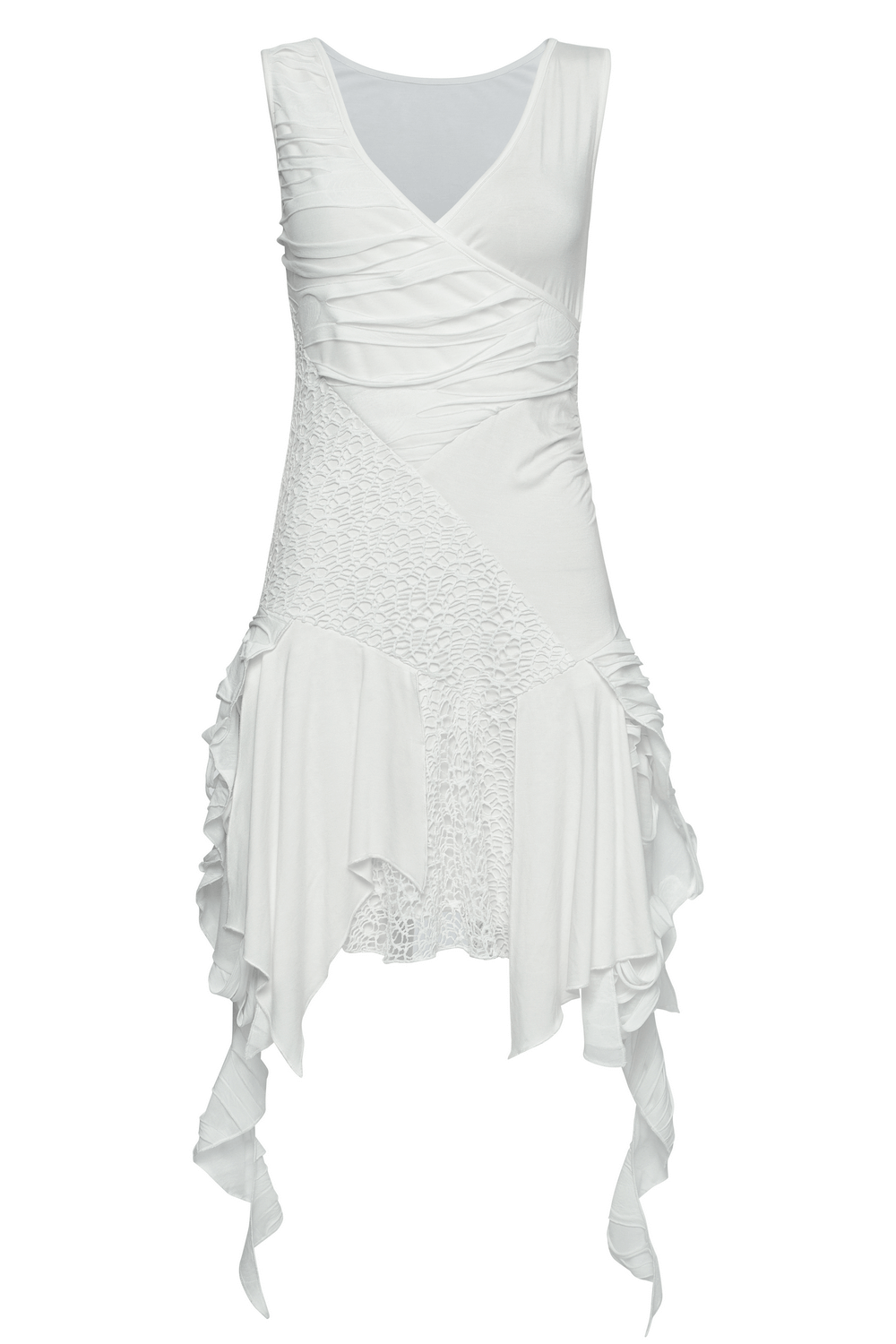 Punk-inspired white sleeveless dress with V-neck and irregular hem, featuring edgy mesh detailing.