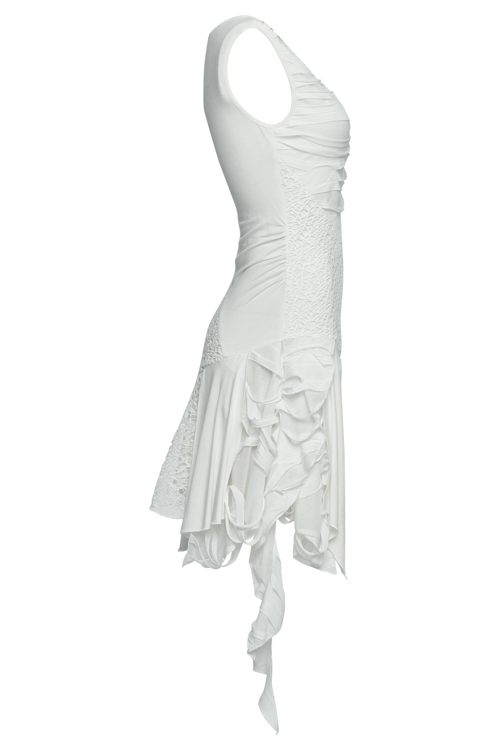 Punk-inspired white sleeveless dress with V-neck and irregular hem, showcasing edgy mesh details.