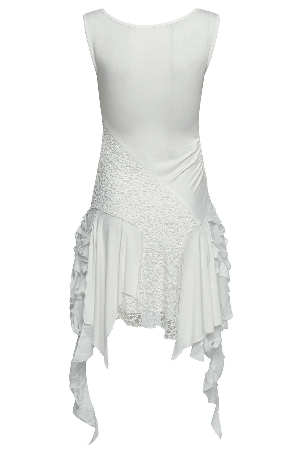 Back view of a punk-inspired white sleeveless dress with irregular hem and mesh detailing.