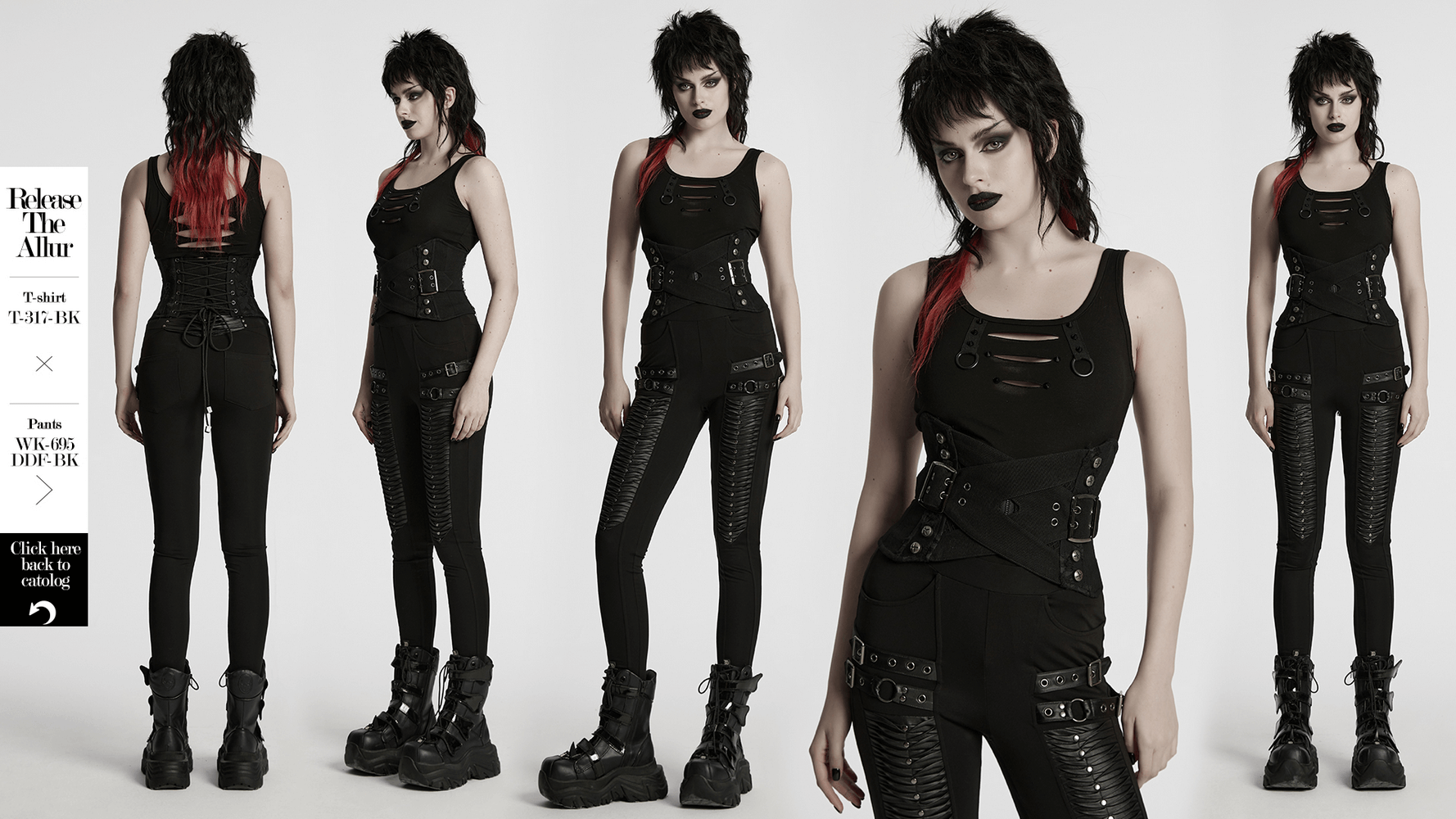 Punk-style outfit featuring a black bodysuit with straps and buckles, paired with chunky boots for a bold gothic look.