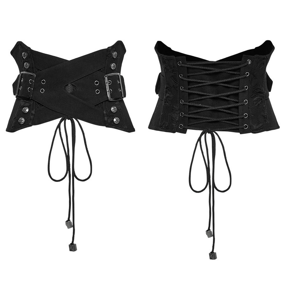 Black gothic punk corset belt with metal studs, buckles, and lace-up back for a striking waist-cinching fit.