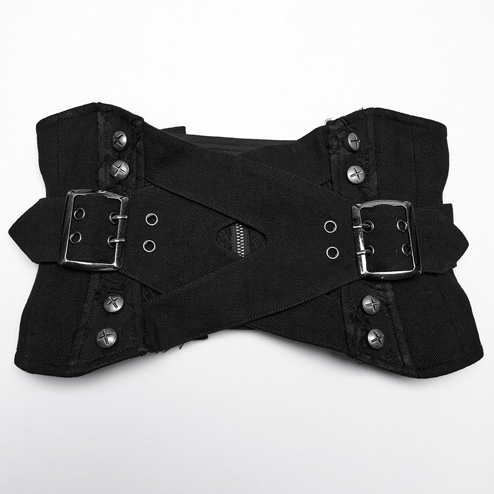 Black punk interlaced corset belt with metal studs, buckles and front zipper, perfect for gothic fashion.