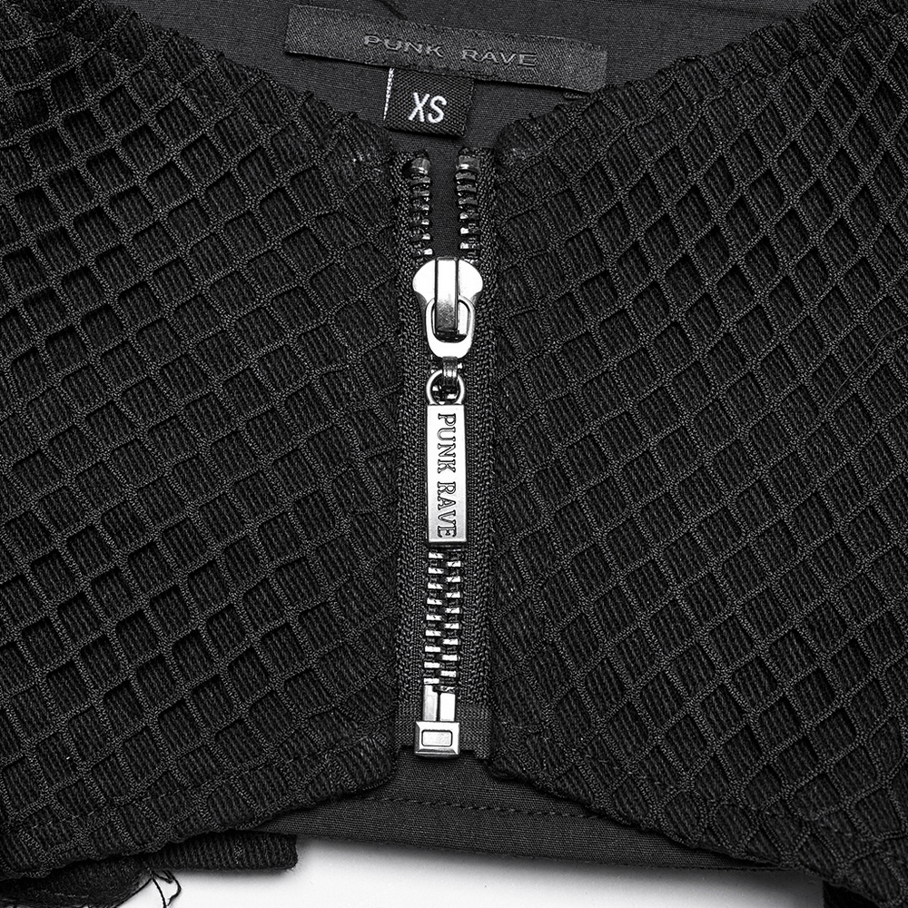 Close-up of a black gothic corset belt showing zip detail and 'PUNK RAVE' branding.