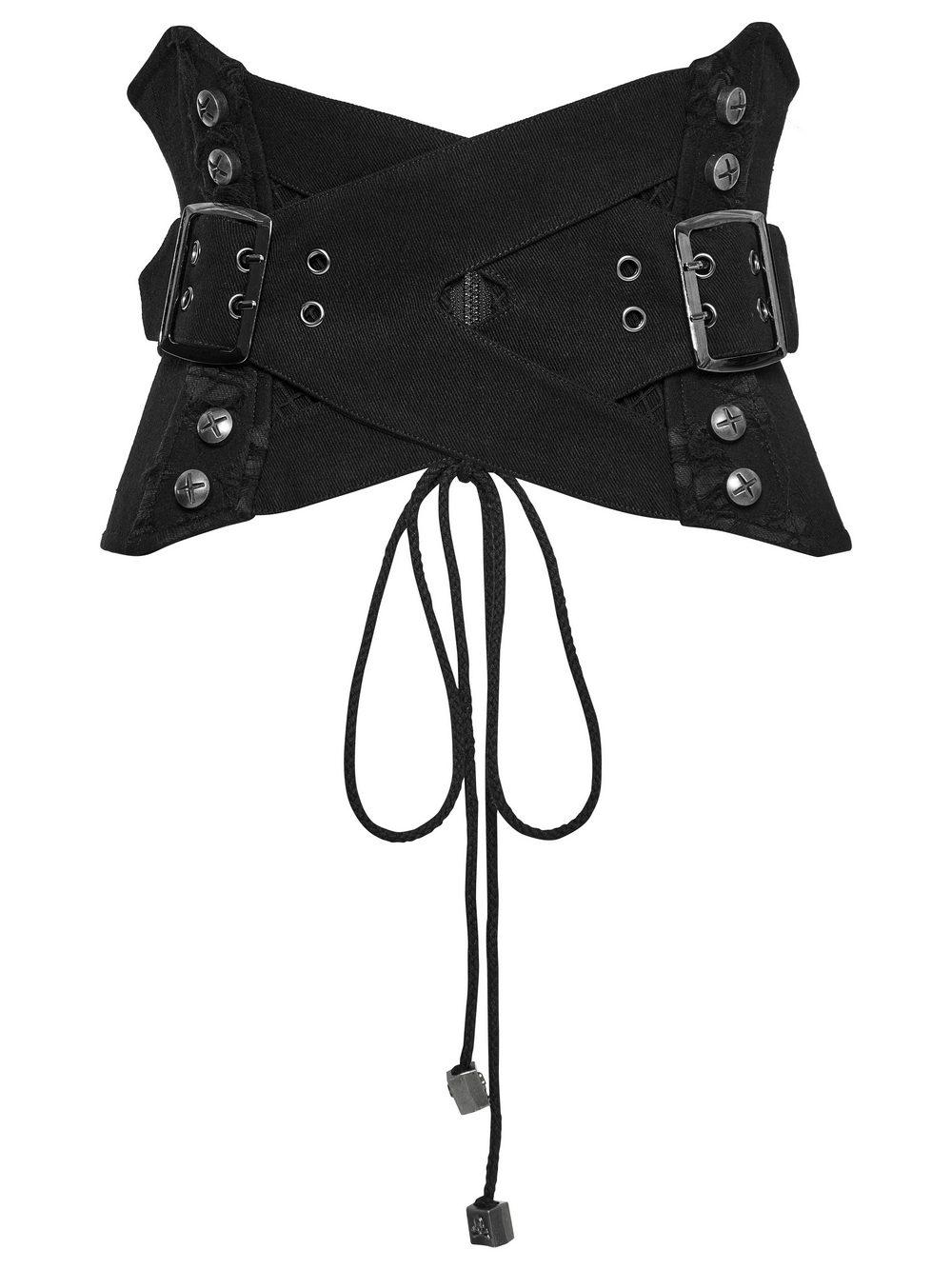 Punk interlaced corset belt with metal studs, buckles, and lace-up design in black gothic style.