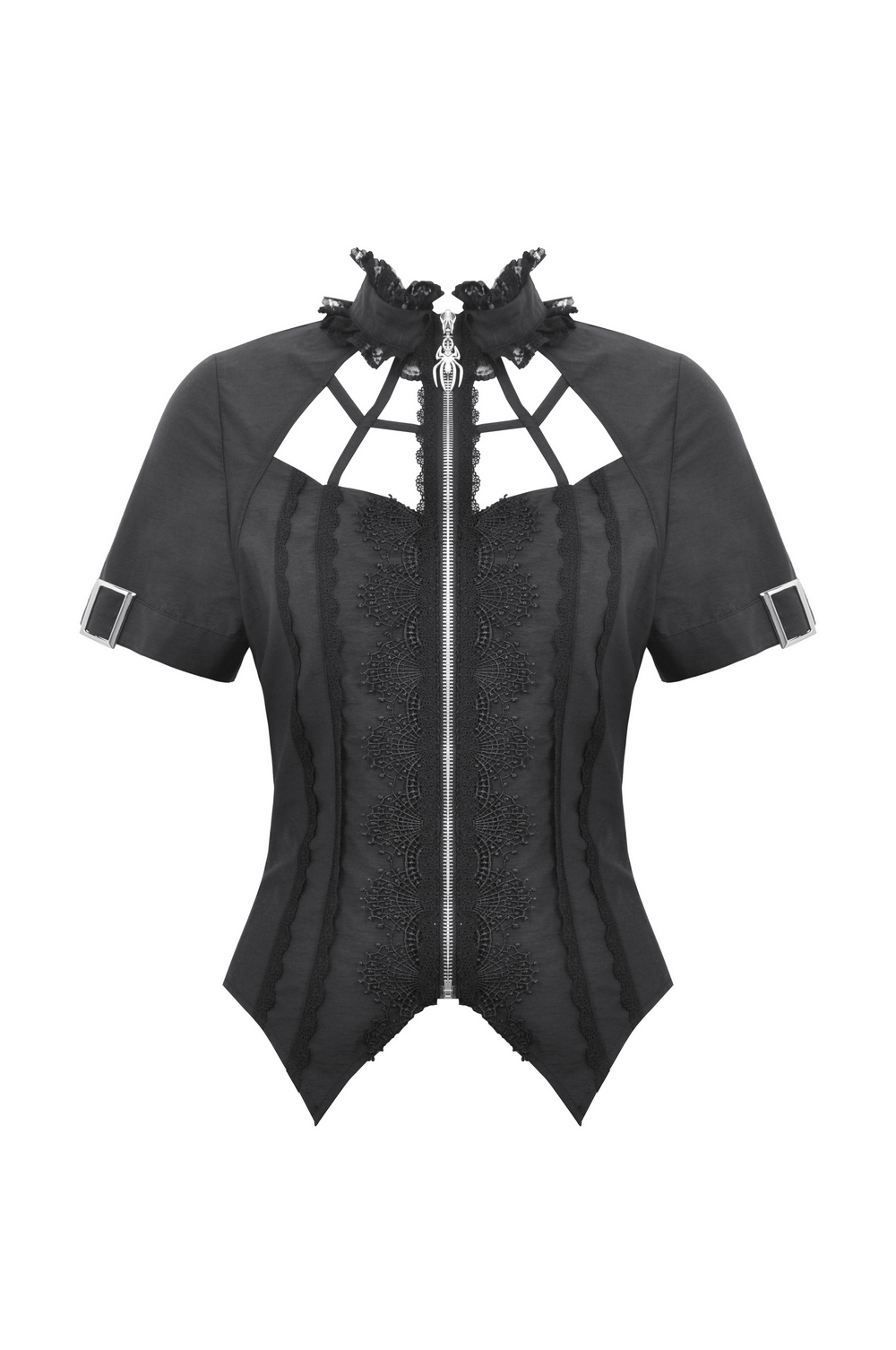 Punk irregular stand collar blouse with spider web cutout and lace details, perfect for edgy styles.