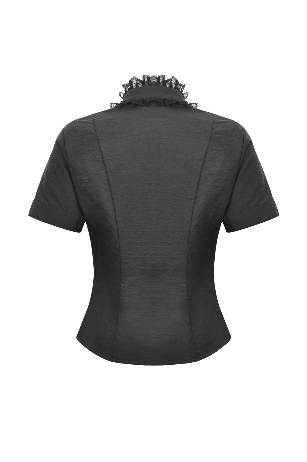 Back view of a black punk blouse with short sleeves and lace detailing on the stand collar, perfect for edgy outfits.