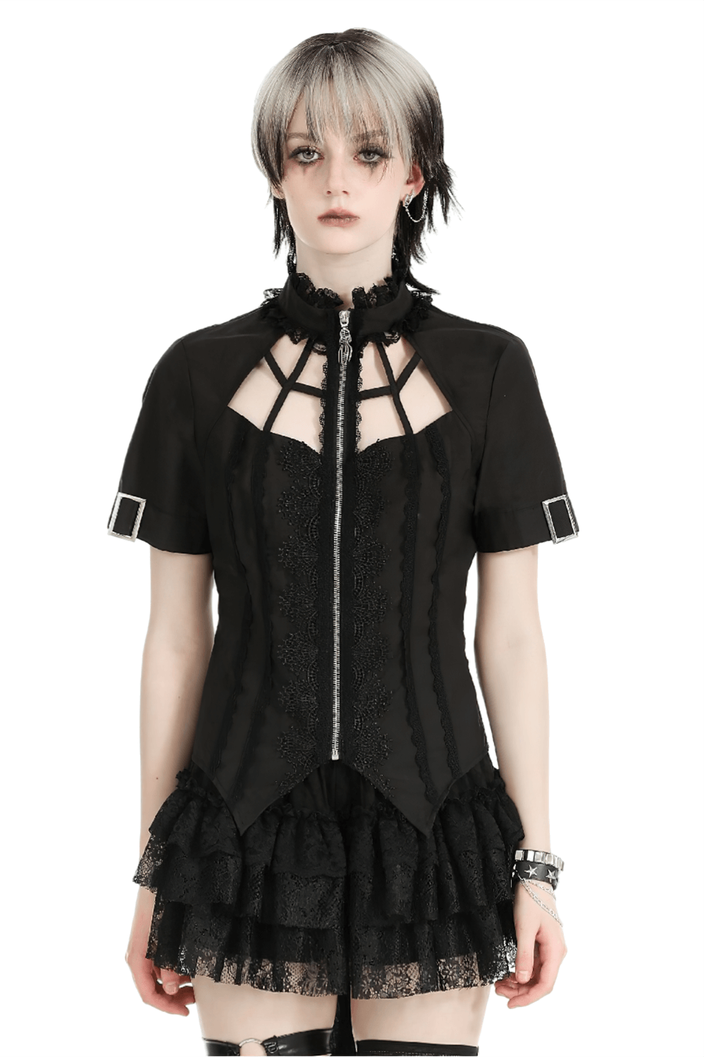 Punk Irregular Stand Collar Blouse with Short Sleeves
