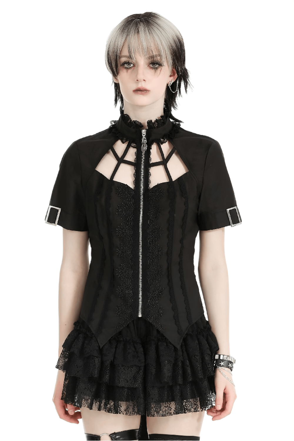 Edgy women's punk blouse with lace and spider web cutout, short sleeves, and irregular collar design.