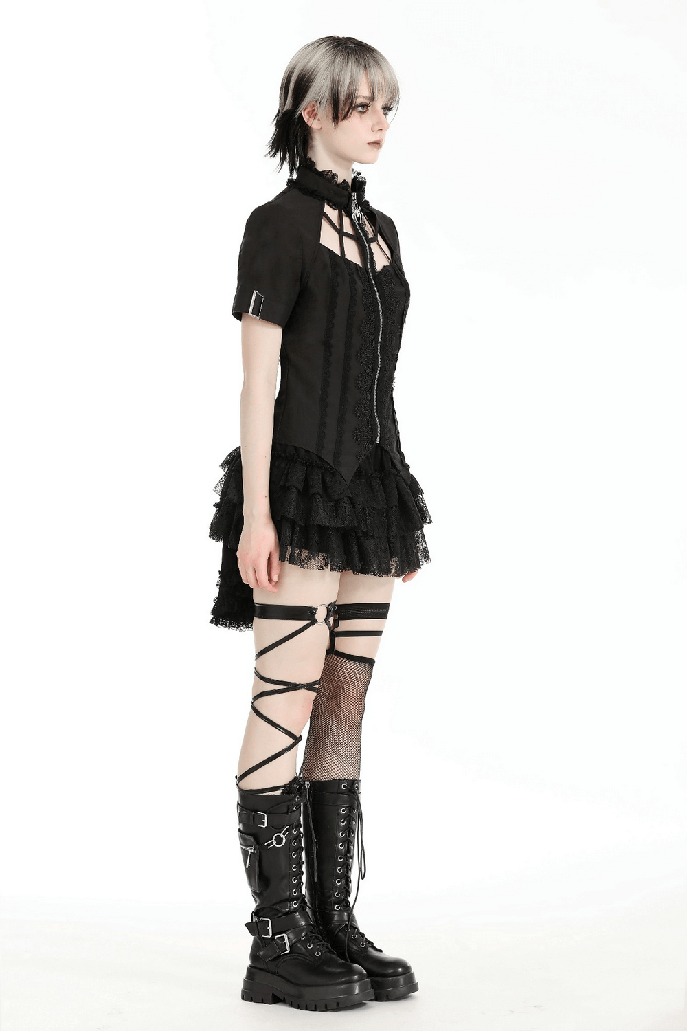 Punk irregular stand collar blouse with short sleeves, lace details, and edgy spider web cutout style.