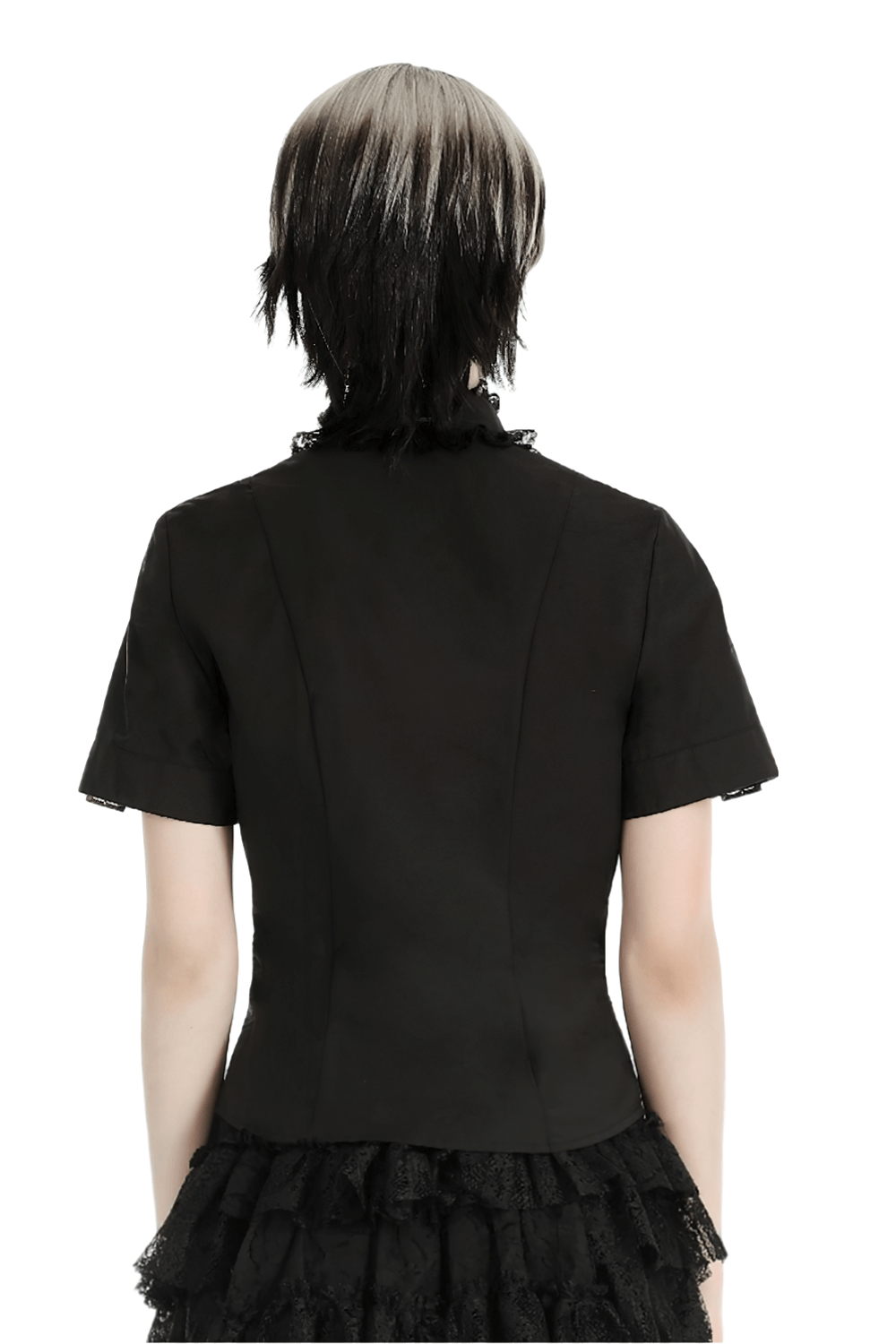 Back view of a punk irregular stand collar blouse with lace detailing and short sleeves for an edgy style.