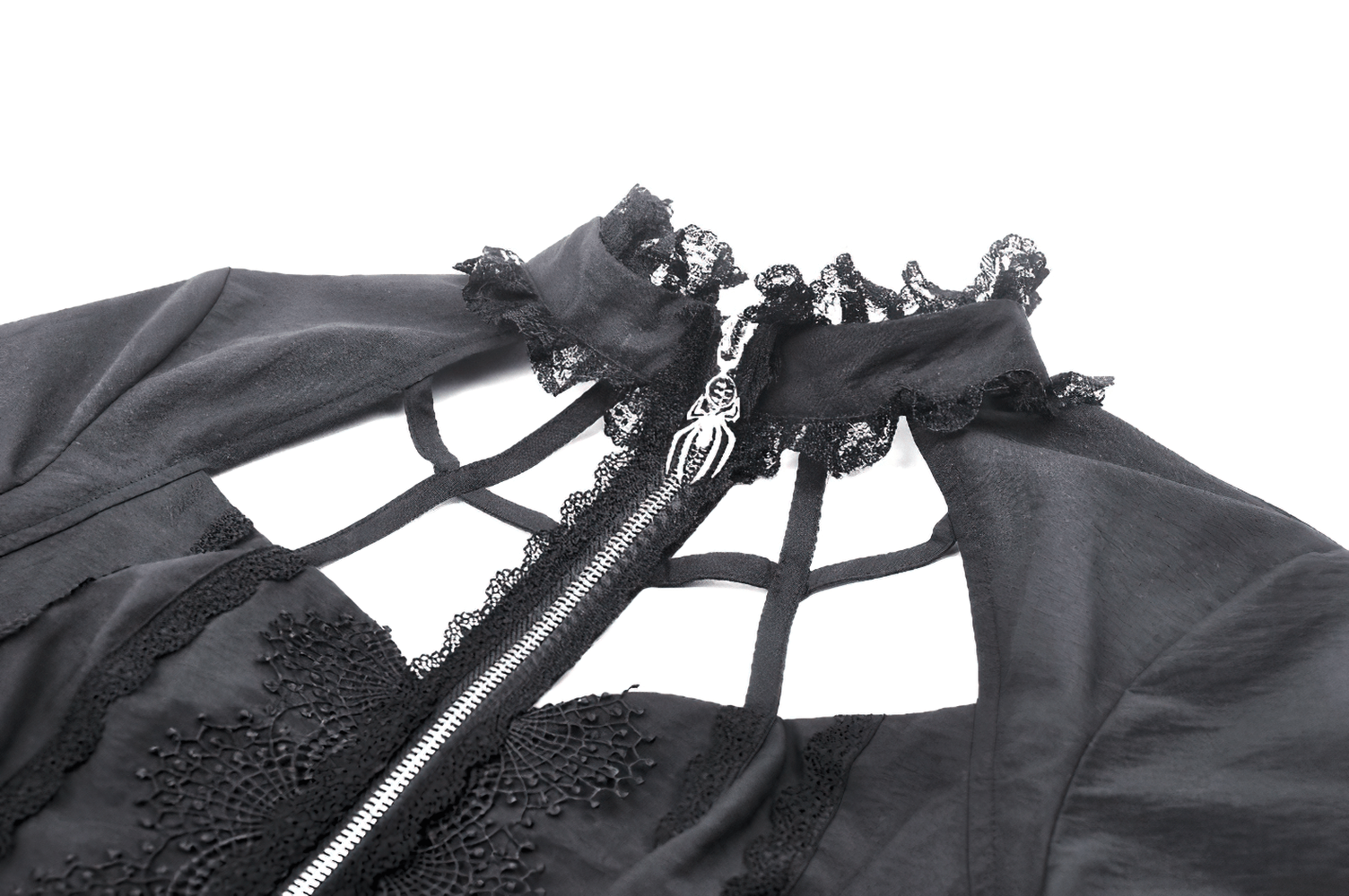 Close-up of a gothic punk blouse featuring lace and spider web cutout detailing, showcasing an irregular stand collar.
