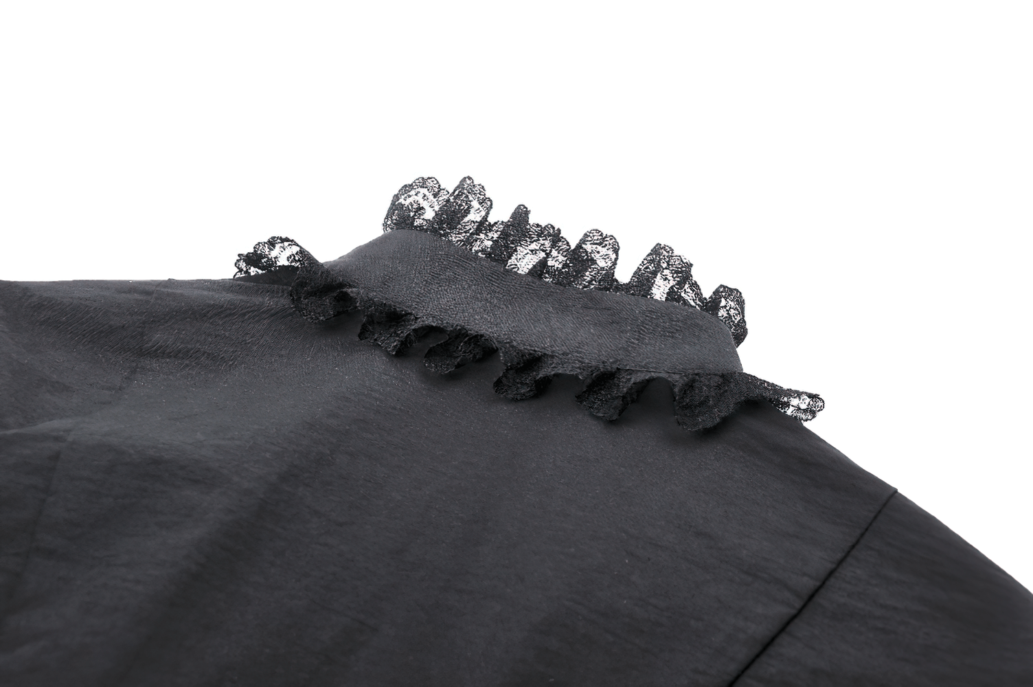 Close-up of punk blouse featuring intricate lace frill on collar, showcasing edgy gothic style.