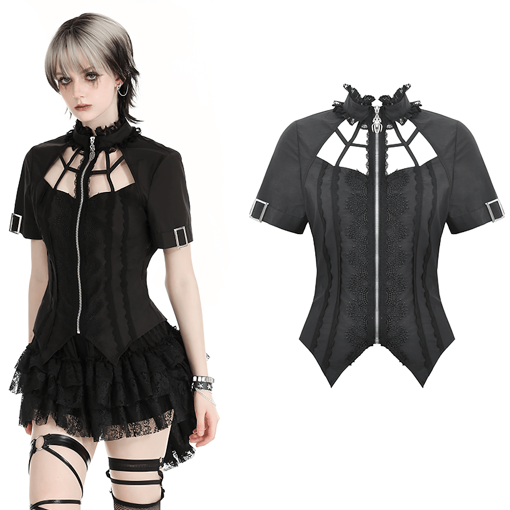 Edgy black punk blouse with short sleeves, lace detailing, spider web cutout, and zip front for a bold style statement.