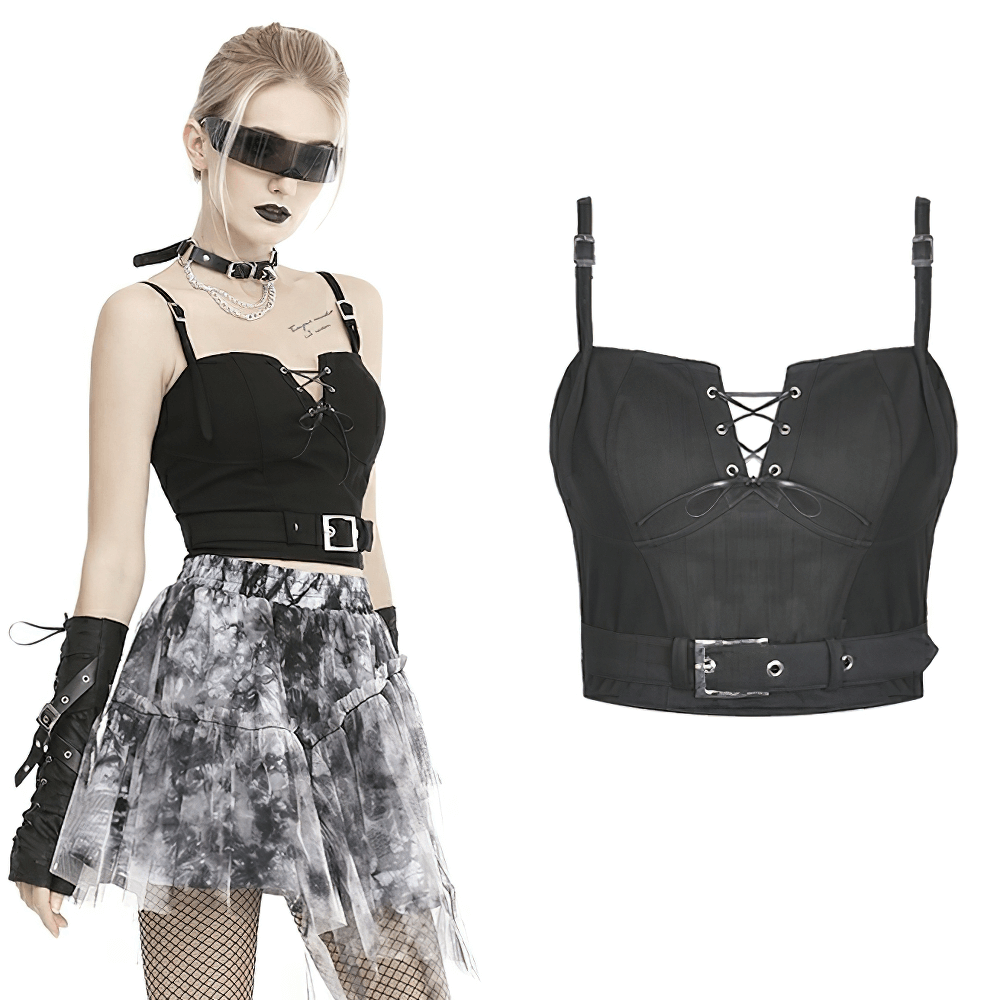 Punk lace-up front crop corset with metal buckle, edgy alternative fashion for bold style.