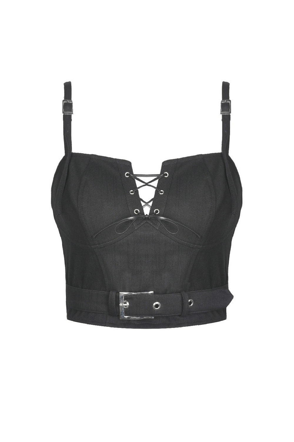 Punk lace-up front crop corset with metal buckle, edgy alternative fashion for bold statements.