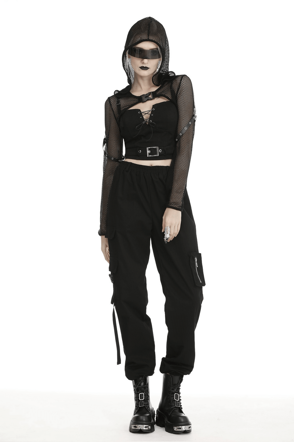 Model wearing a punk lace-up front crop corset with metal buckle, paired with edgy cargo pants and stylish combat boots.