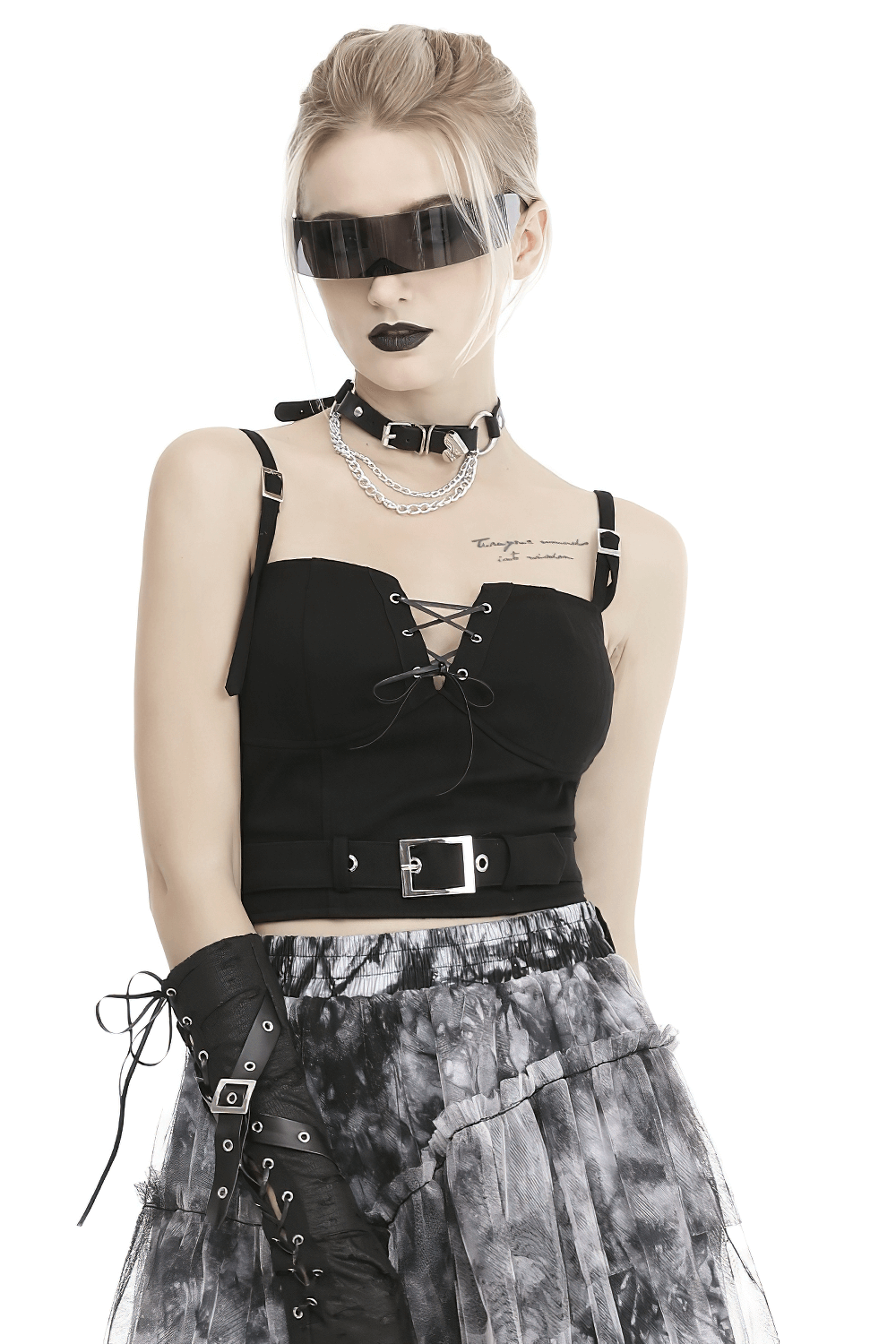 Model wearing a punk lace-up crop corset with metal buckle, accessorized with edgy sunglasses and layered necklaces.