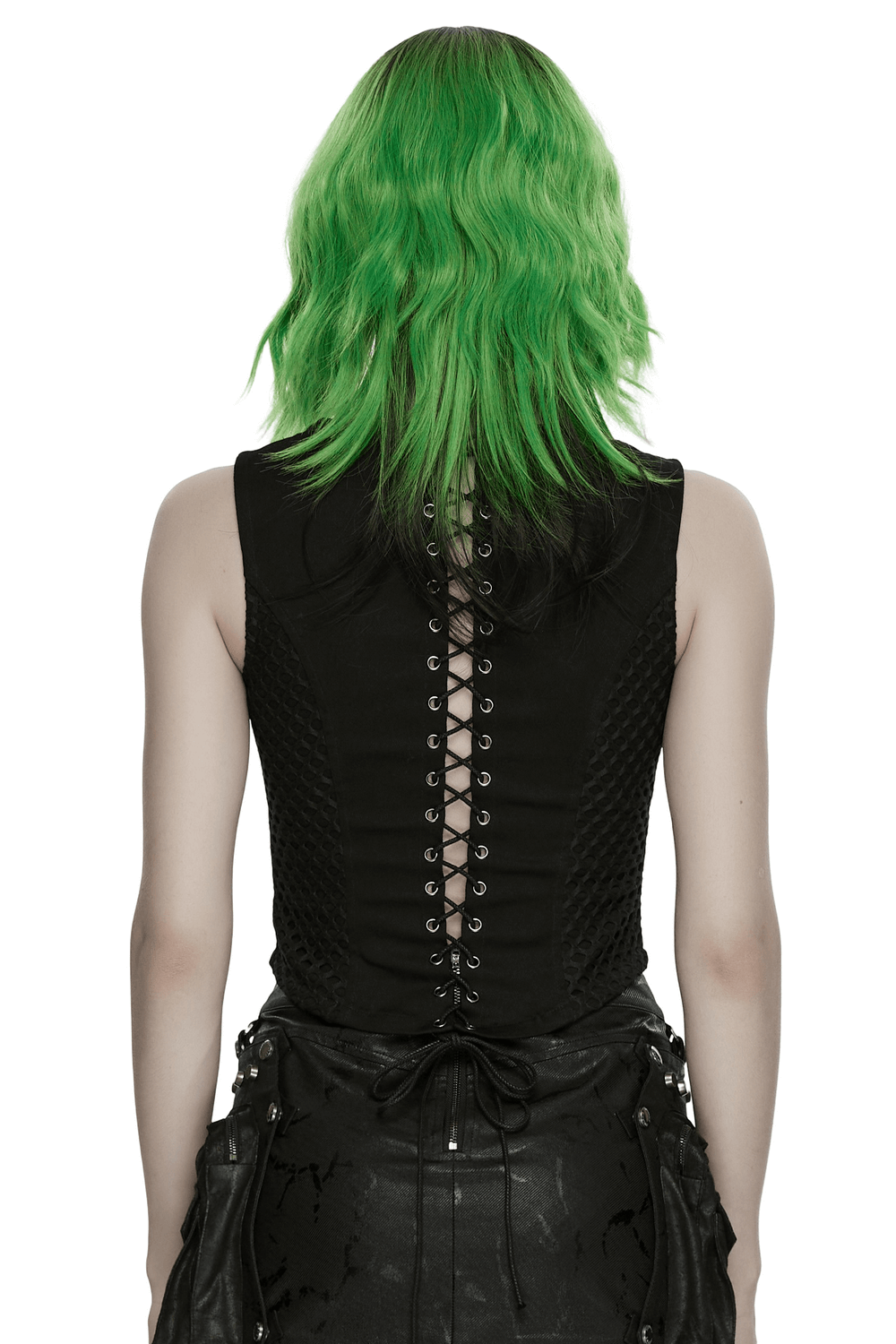 Back view of a model wearing a Punk Lace Up Mesh Vest with Eyelets and Split Front showcasing its detailed lacing.