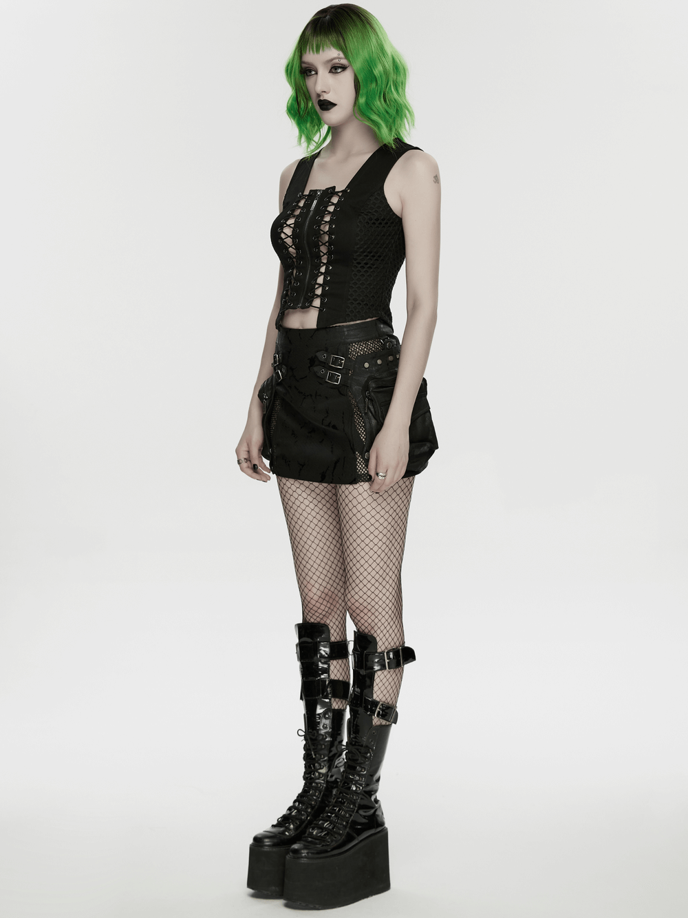 Model showcasing the Punk Lace Up Mesh Vest with Eyelets and Split Front, styled with punk accessories.