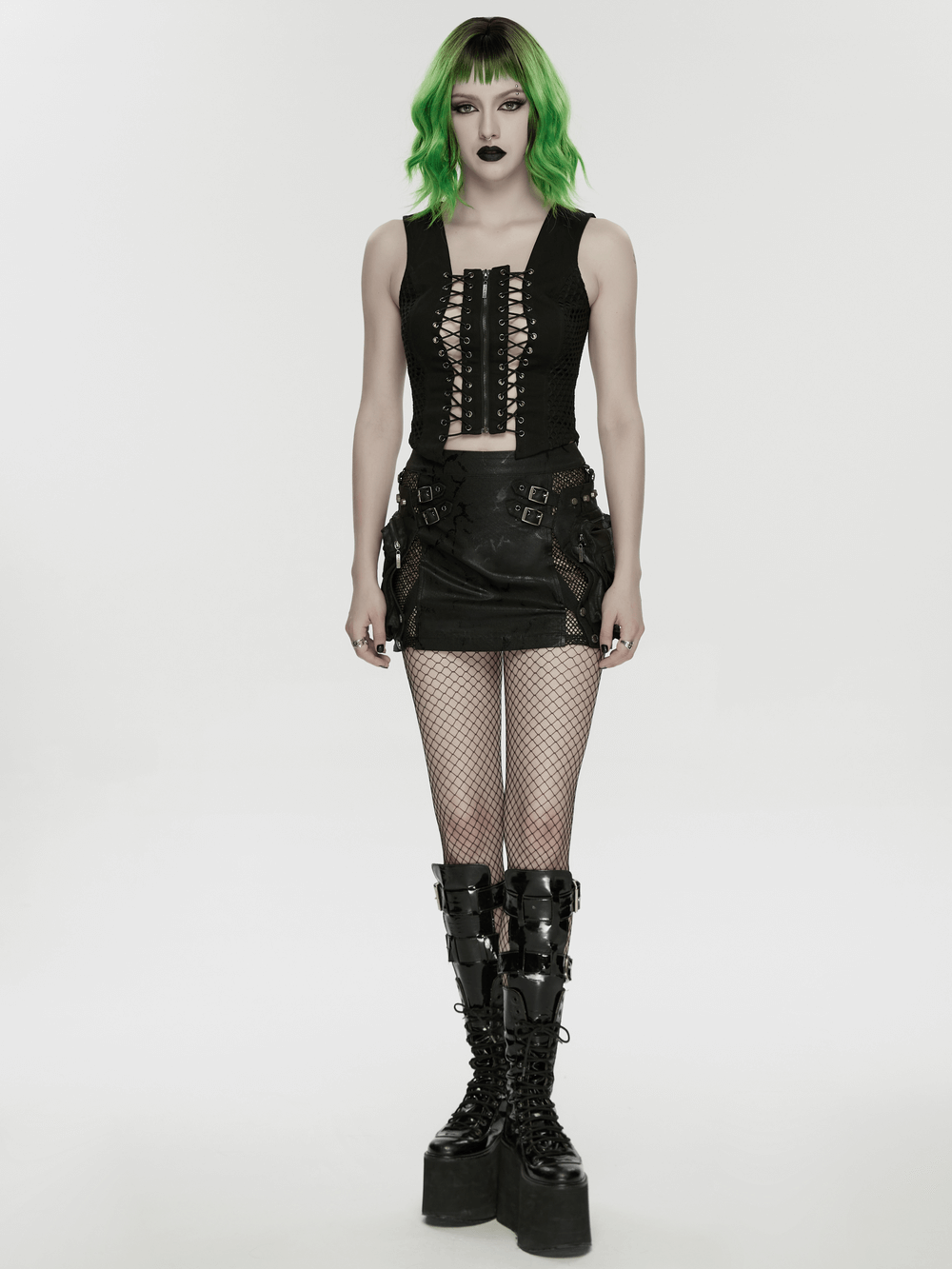 Punk Lace Up Mesh Vest with Eyelets and Split Front worn by a model with green hair and edgy style.