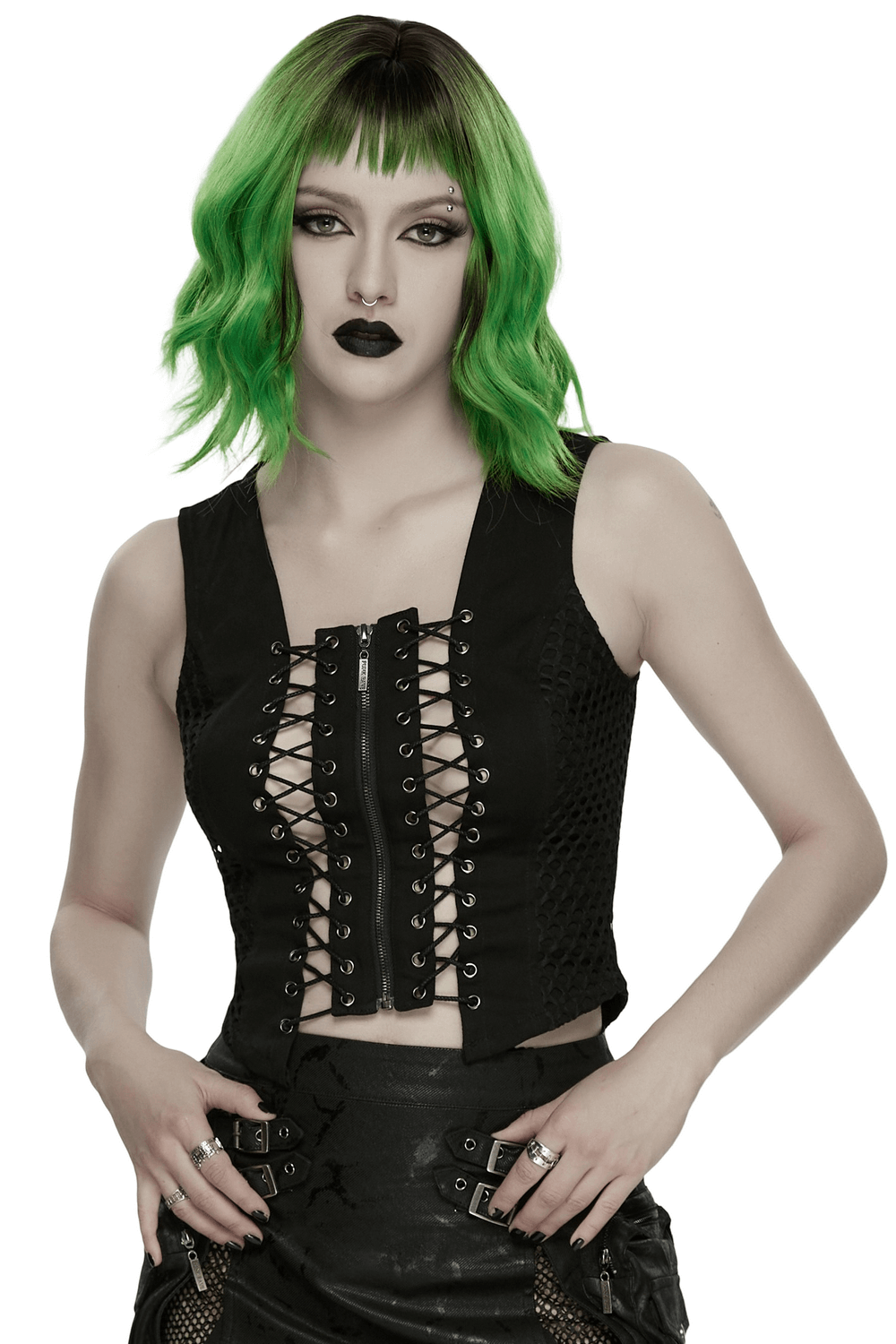 Punk Lace Up Mesh Vest with Eyelets and Split Front worn by model with green hair and dark makeup.