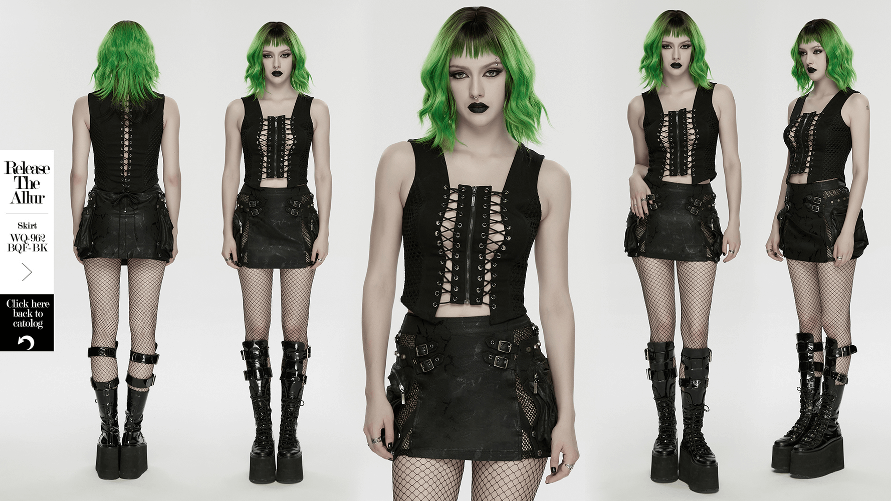 Punk Lace Up Mesh Vest with Eyelets and Split Front showcased by a model with green hair and bold makeup.