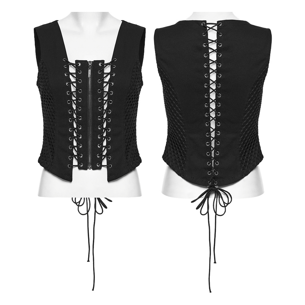 Punk Lace Up Mesh Vest with Eyelets and Split Front showcasing a stylish design from both front and back views.