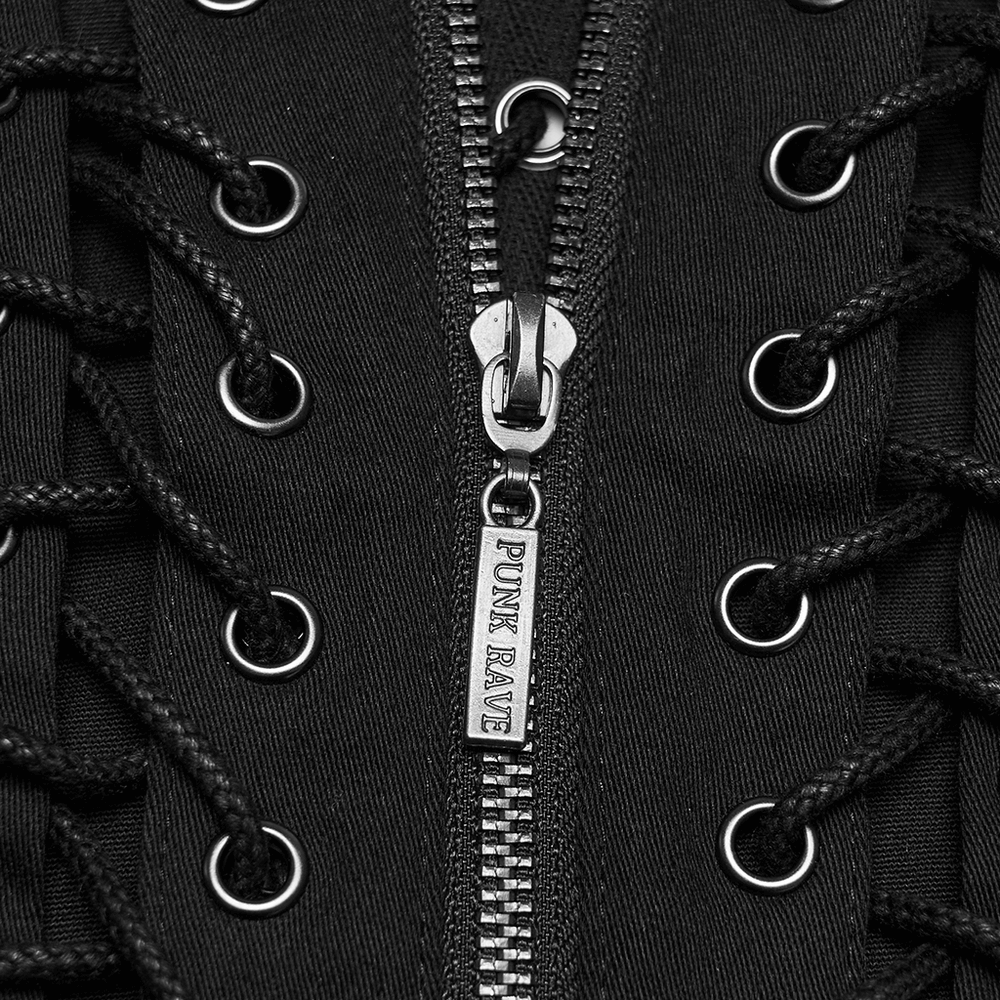 Close-up of the Punk Lace Up Mesh Vest with Eyelets and Split Front featuring stylish lace detailing and a zipper.