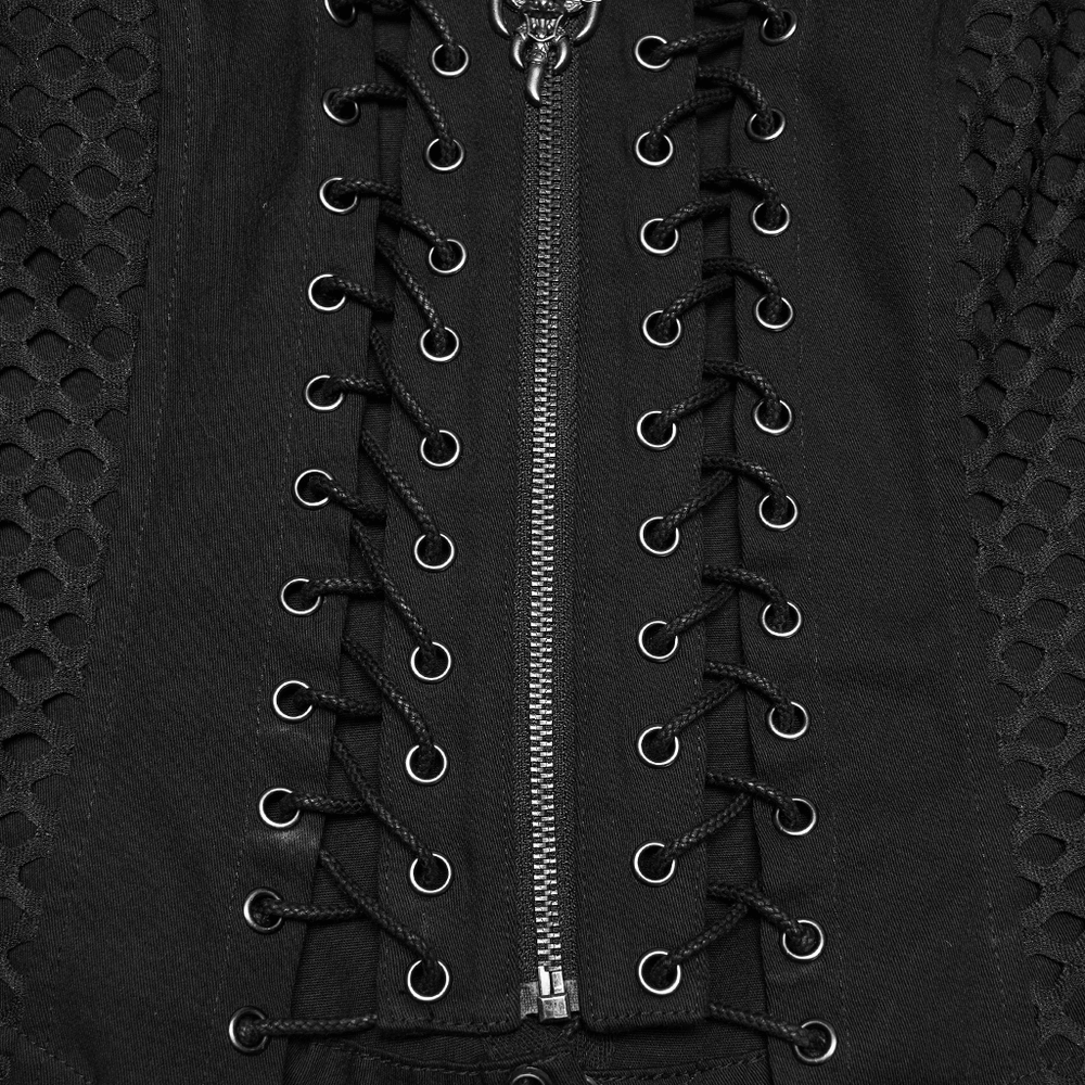 Punk Lace Up Mesh Vest with Eyelets and Split Front showcasing detailed lacing and zipper design.