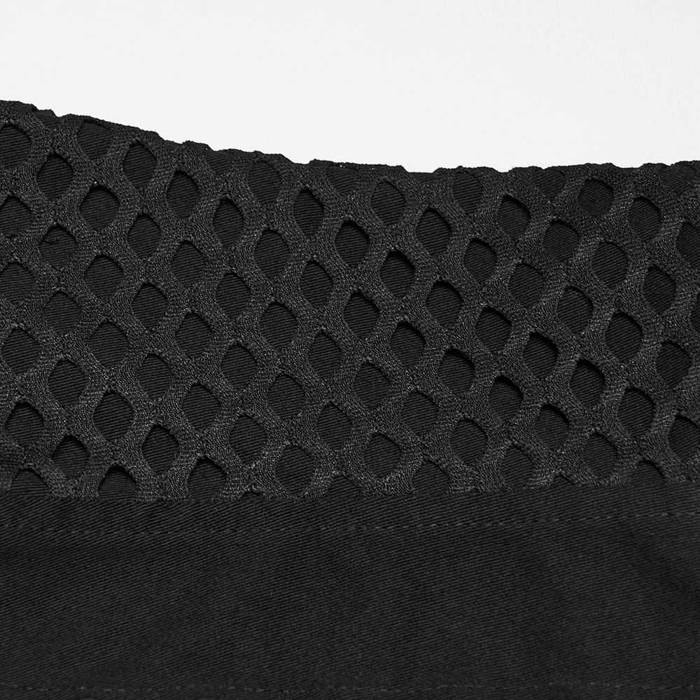 Close-up of the Punk Lace Up Mesh Vest with Eyelets and Split Front showing intricate black mesh details.