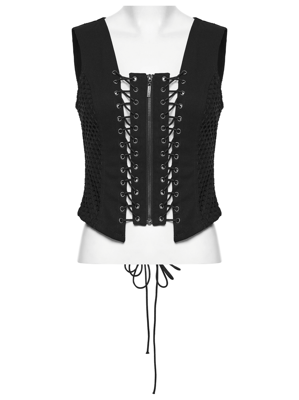 Punk Lace Up Mesh Vest with Eyelets and Split Front showcasing intricate lacing and stylish mesh details.