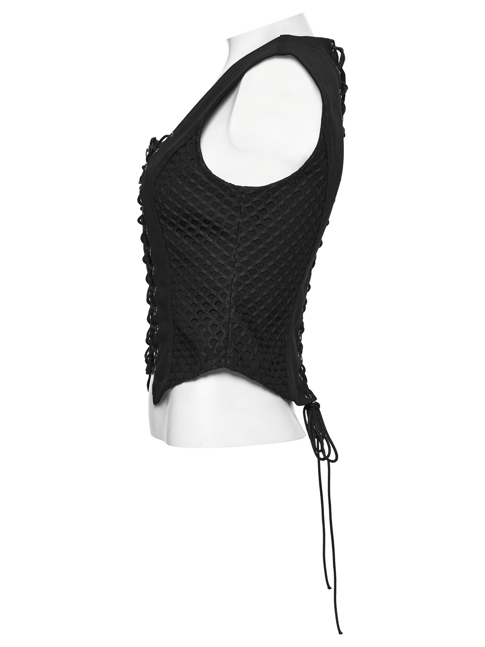 Punk Lace Up Mesh Vest with Eyelets and Split Front displayed on a mannequin side view.