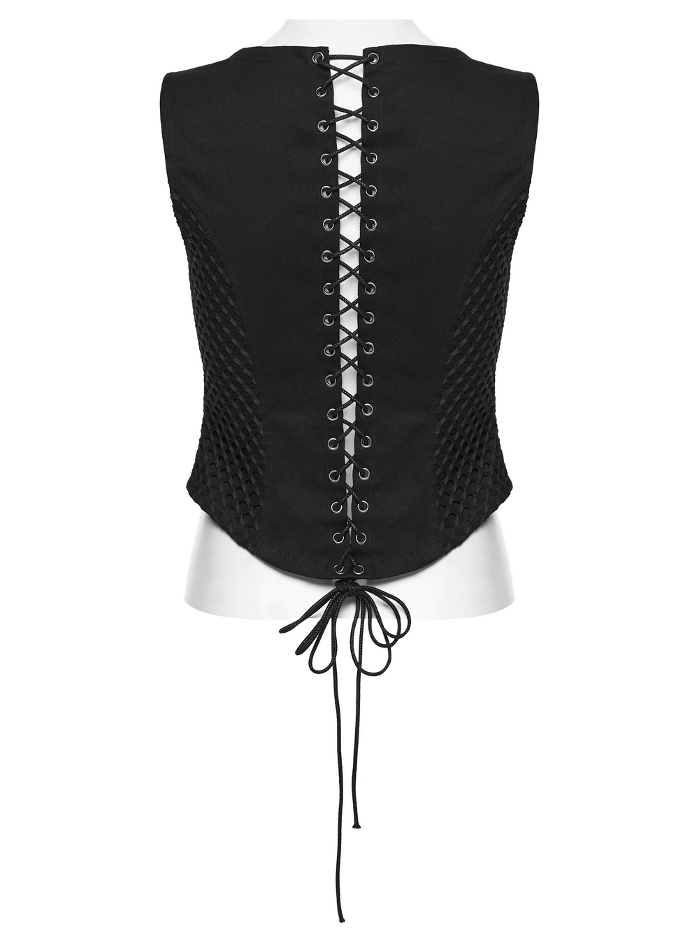 Punk Lace Up Mesh Vest with Eyelets and Split Front showcasing a stylish lace-up back detail and mesh design.