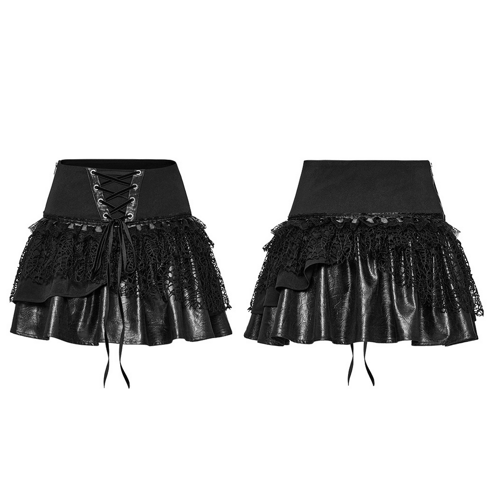 Punk lace-up skirt showcasing faux leather and mesh detailing, featuring a fluffy layered effect and side zipper.