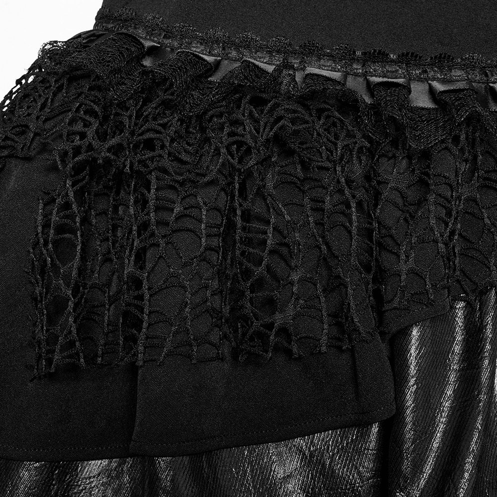 Close-up of punk lace-up skirt featuring intricate lace detailing and layered black fabric for a stylish, edgy look.