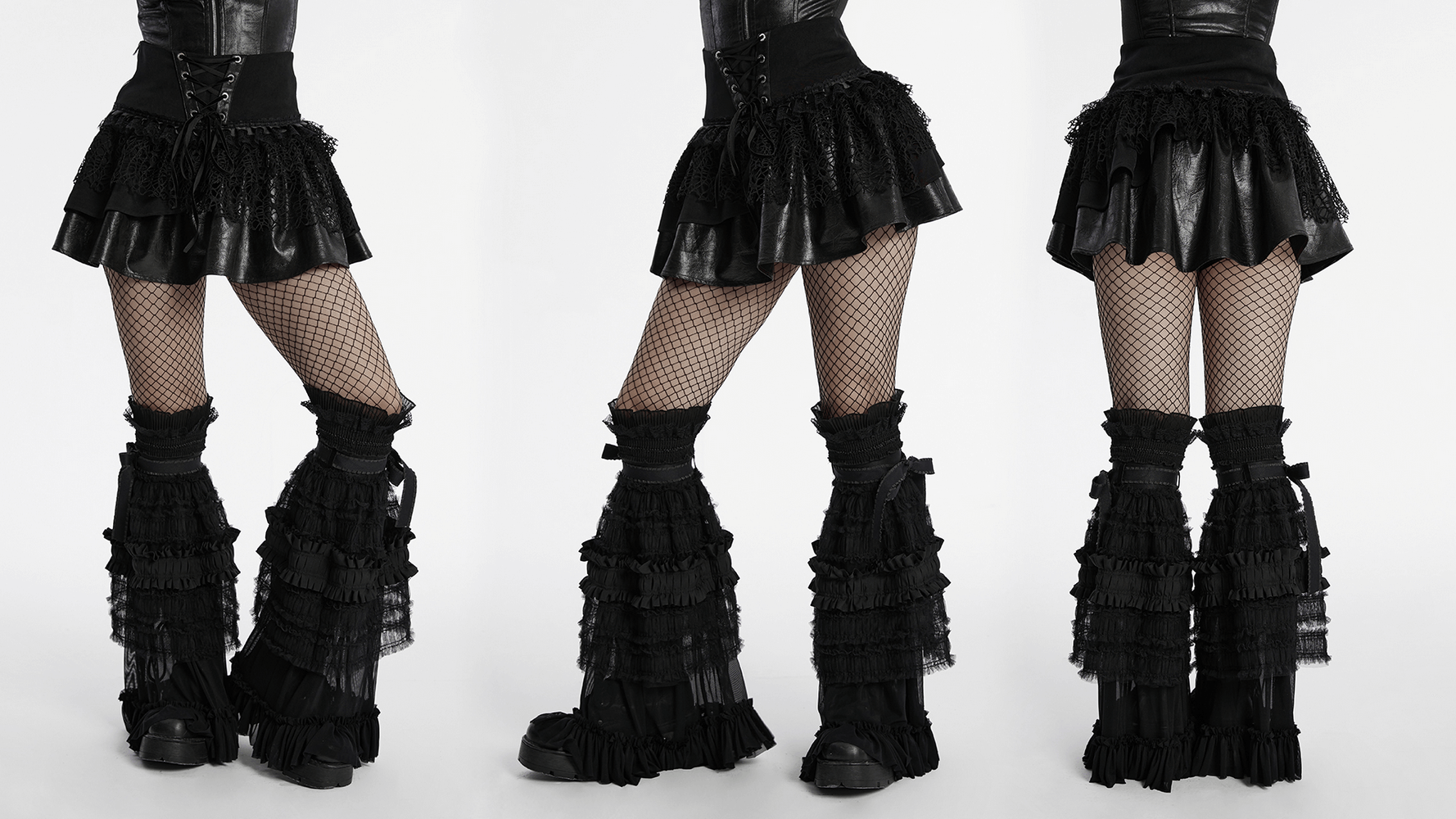 Punk lace-up skirt with faux leather and mesh, showcasing layered design and fluffy effect with edgy fishnet stockings.
