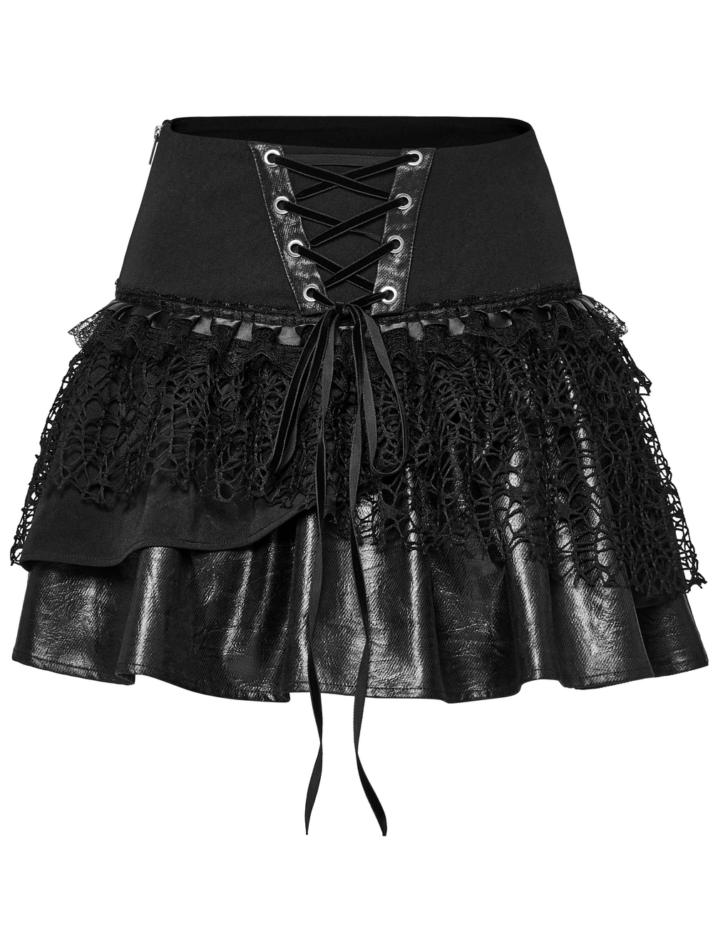 Punk lace-up skirt with faux leather and mesh detailing, featuring a fluffy layered effect and side zipper.