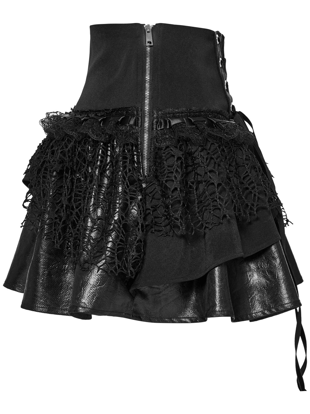 Punk lace-up skirt with faux leather and mesh, featuring a side zipper and unique fluffy layered design.