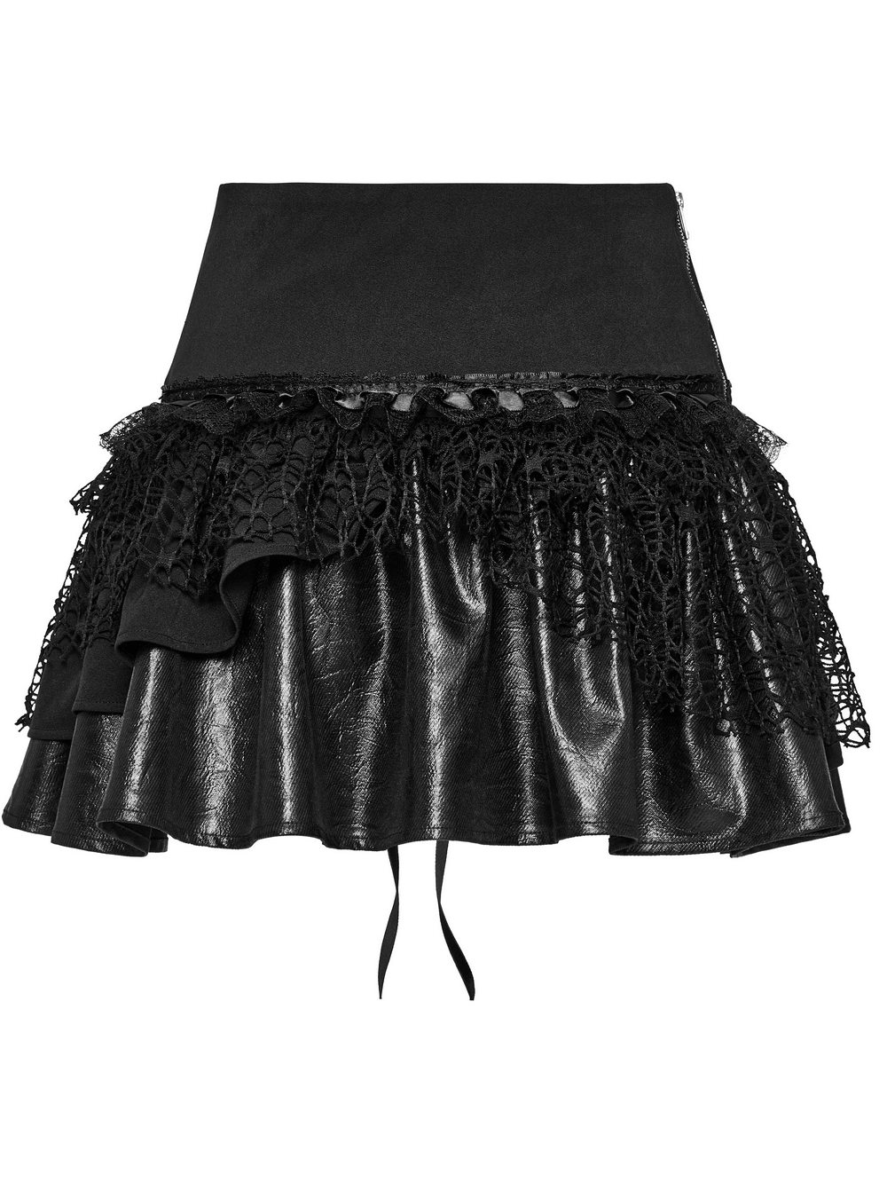 Edgy punk lace-up skirt with faux leather and mesh detailing for a bold fashion statement.