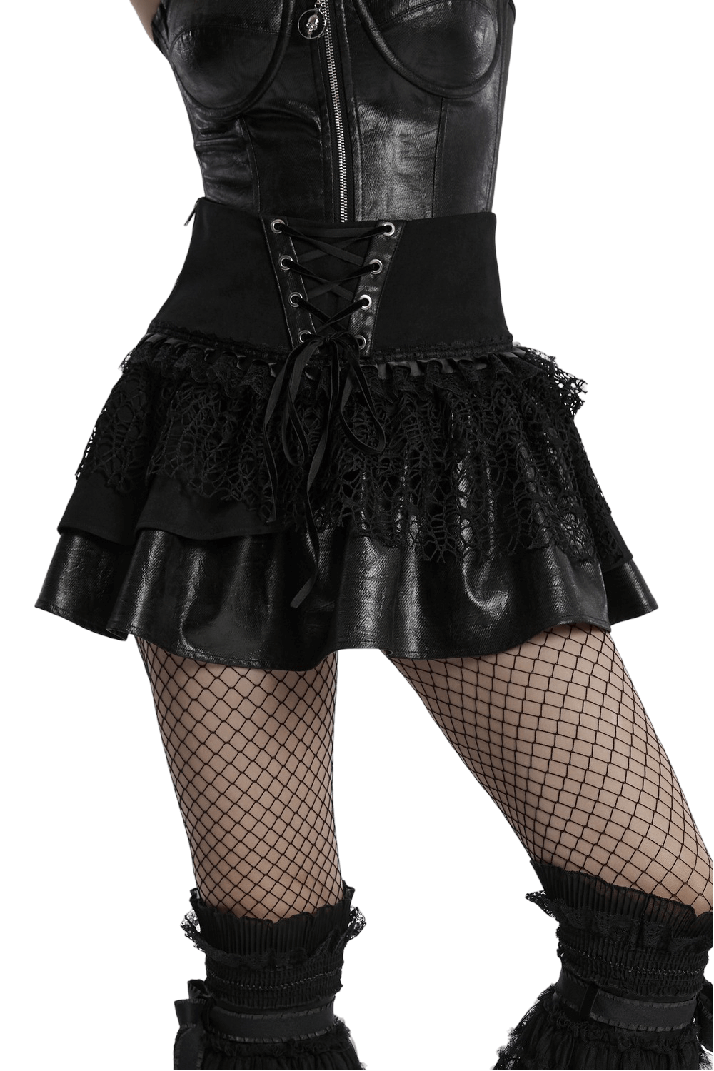 Punk lace-up skirt with faux leather and mesh detailing, featuring a stylish fluffy effect and edgy layered design.