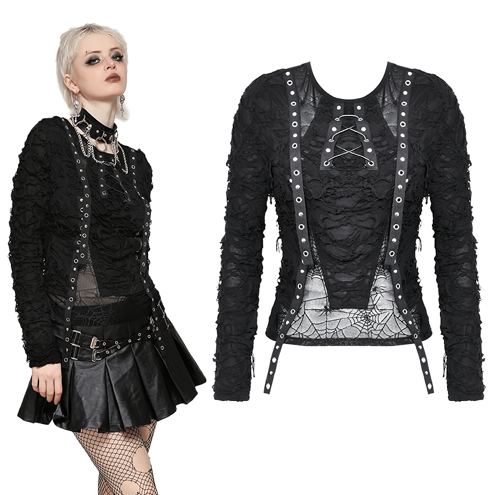 Edgy punk lace-up top with ripped sleeves and spiderweb detail, perfect for alternative fashion lovers.