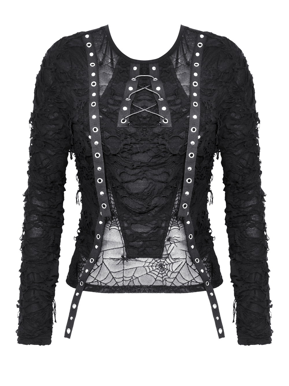 Edgy black punk lace-up top with ripped sleeves and spiderweb detail for alternative fashion lovers.