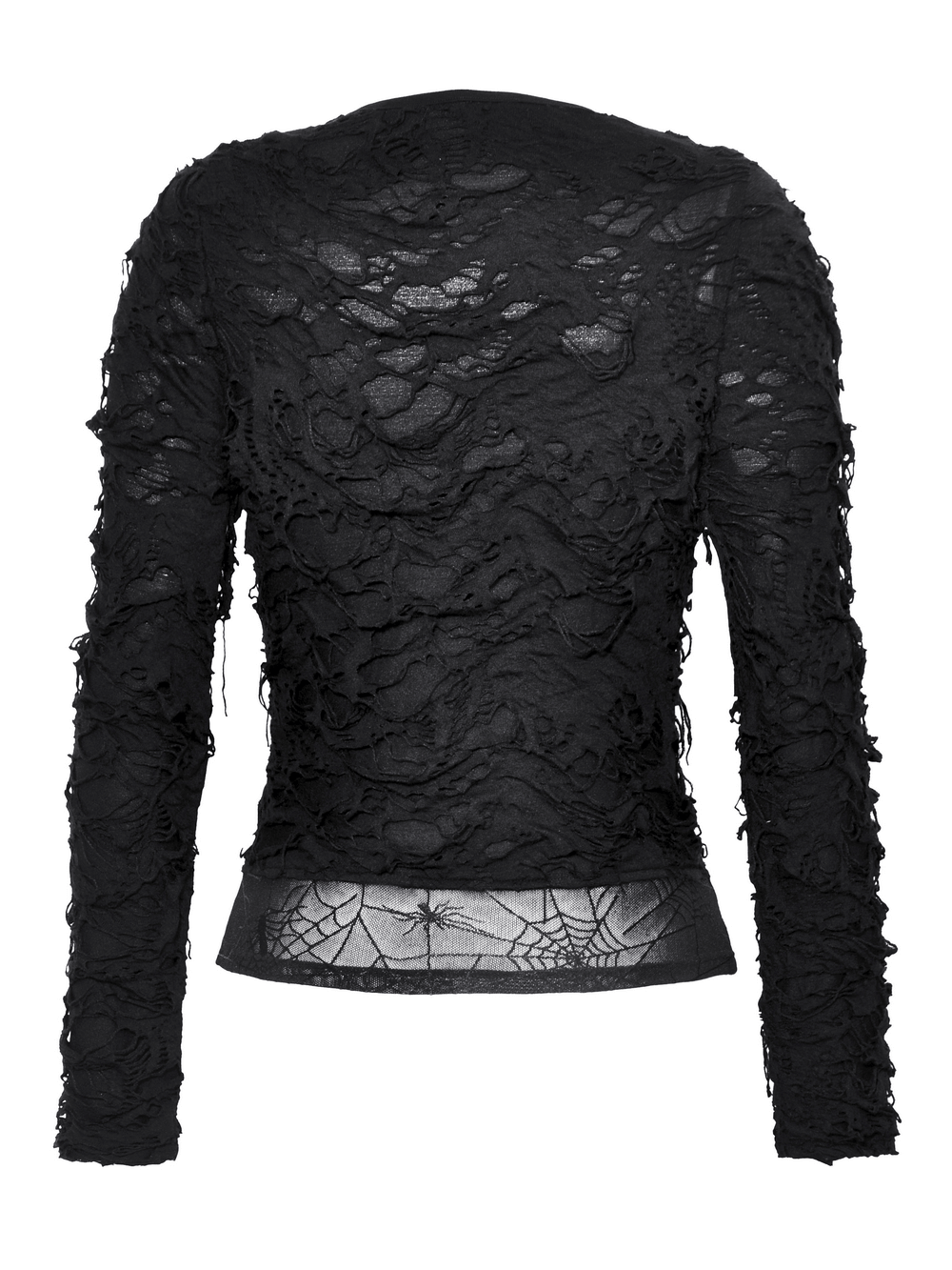 Black punk lace-up top with ripped sleeves and spiderweb detail, perfect for alternative fashion enthusiasts.